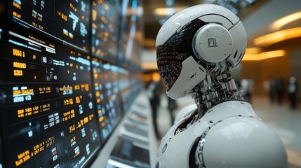 Wall Mural - Illustration of a virtual robot in a stock trading area controlled by a robot under modern technology system. Technology of the future.