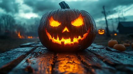 Poster - Large terrifying Halloween pumpkin glowing on cracked wooden planks under a dark sky
