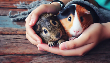 A cute hamster being held in a hand, showcasing its fluffy fur and small size