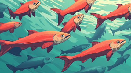 Salmon swimming on the surface of fish farm. fish. Illustrations
