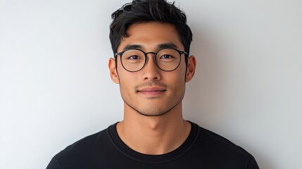 young man wearing glasses smiling. great for websites or social media promoting eyewear.