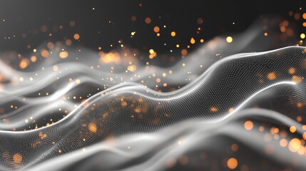 Poster - Captivating abstract representation of flowing waves with golden particles against a dark background, illustrating movement and depth