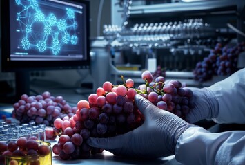 Scientific Grape Analysis. A scientist examines grape clusters in a laboratory setting, with molecular data displayed in the background.