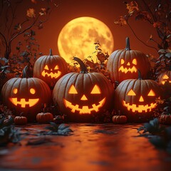 Poster - Row of Halloween pumpkins beneath a glowing moonlight their faces illuminated on a clean minimalistic orange background The scene is hauntingly peaceful with a sense of mystery in the air