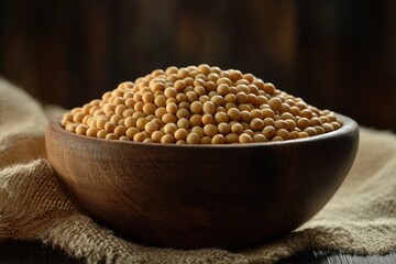 Soybeans in a wooden bowl. This photo showcases the close-up texture of soybeans.