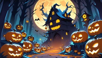 Wall Mural - illustration of a Halloween night with moon and pumpkin background