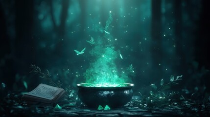 Cauldron bubbling over a crackling fire strange ingredients floating in a luminescent green liquid surrounded by mystical objects: herbs crystals and spell books creating a sense of magic and mystery.