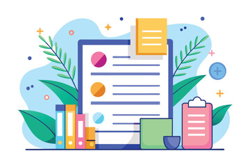 Poster - a workspace filled with documents, sticky notes, notebooks, and plants creating a vibrant and organi