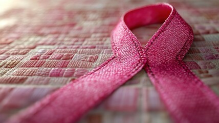 A close-up of a pink ribbon symbolizing awareness and support.