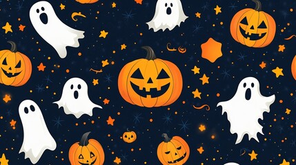 Aufkleber - Seamless Halloween vector pattern featuring a variety of spooky elements like pumpkins and ghosts