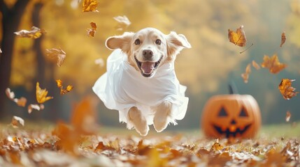 A playful dog wearing a white sheet ghost costume chasing after fallen autumn leaves in a park a grinning jack o lantern in the background.