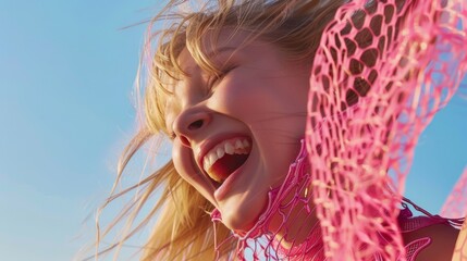 Wall Mural - Portrait of a laughing girl in a pink blouse against the sky
