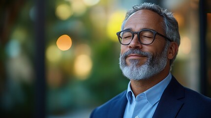 Poster - cheerful mature businessman keeping eyes closed, taking deep breath while standing outside during br
