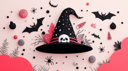 Coloring Book Halloween Witch A close up illustration in a coloring book showcasing a witch hat adorned with spooky elements like spiders bats and a skull buckle with potions and spell books in the