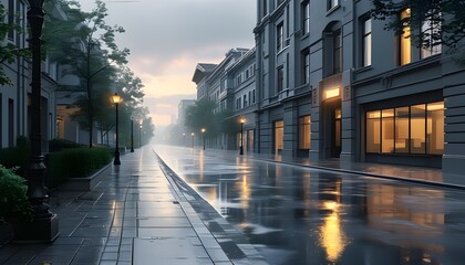 Wall Mural - Dawn in a cityscape with gray buildings and wet asphalt roads, capturing the serene aftermath of a rain shower.