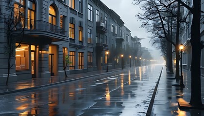 Wall Mural - Dawn in a cityscape with gray buildings and wet asphalt roads, capturing the serene aftermath of a rain shower.