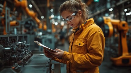 Poster - close up of project manager standing in modern industrial factory writing in clipboard manufacturing facility with robotics robotic arms, automation storing products, materials in warehouse