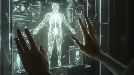 Poster - A futuristic display of human anatomy depicted in glowing graphics with hands interacting in a modern medical environment