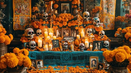 Vibrant Day of the Dead altar adorned with marigold flowers, candles, and colorful papel picado, showcasing traditional sugar skulls and family photos