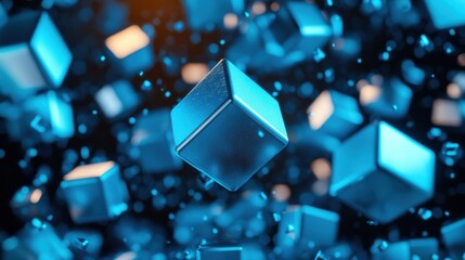 Poster - Geometric fragments in vibrant blue hover in darkness, creating a dynamic and surreal atmosphere filled with movement and depth