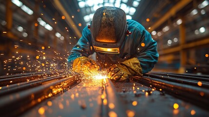 Poster - close up of work of welder in workshop operating welding machine wearing protective clothing, weldin