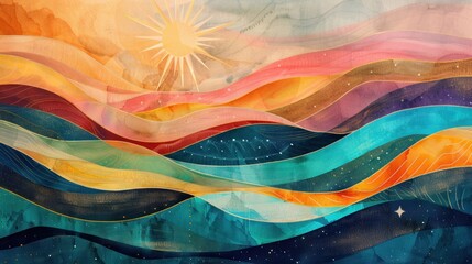 Poster - Colorful waves undulate across the canvas, illuminated by a radiant sun, creating a lively atmosphere filled with movement and depth