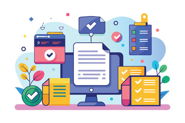 Poster - a vibrant digital illustration showcasing a computer screen displaying task documents, checkmarks, a
