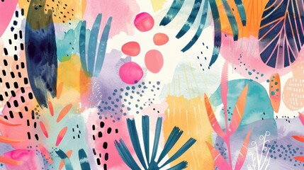 Poster - A lively abstract composition showcases watercolor techniques with bold colors, organic shapes, and intricate details, evoking joy