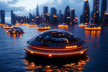 Poster - Futuristic floating city, using advanced technology to hover just above the surface of the ocean, with glowing lights
