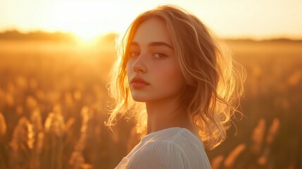 Sticker - A young woman gazes thoughtfully as the sun sets over a golden field, capturing the serene beauty of the moment