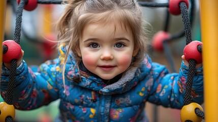 Wall Mural - cute toddler girl playing outdoor in playground climbing jungle gym girl in softshell bodysuit spending time in park