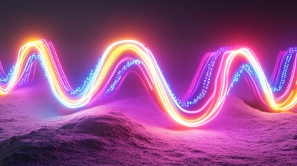 Fototapete - Colorful neon light waves intertwine, highlighting geometric forms in a dark environment, enhancing the atmospheric vibe and depth