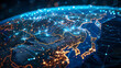 © Badisaba - dynamic digital world map emphasize America and Asia continental for AI powered global network connectivity big data transfer cyber technology network information exchange and telecommunication