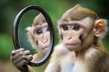 A curious monkey stares intently at its reflection in a hand-held mirror, its big brown eyes conveying a sense of wonder and self-awareness.