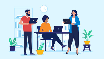 Poster - Business people working in office together standing with laptop computers in hand, talking and discussing friendly about business and project. Teamwork concept in flat design vector illustration