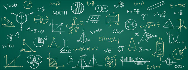 A seamless pattern of education and science doodles in a chalk sketch style. A repeatable academic background on a teal green chalkboard for e-learning websites, presentations, and school projects.