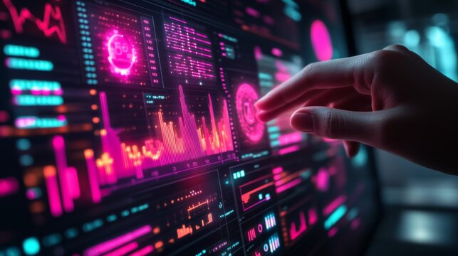 Digital analytics data visualization. Big data. Network connection. Artificial intelligence technology. Digital tech. Hand typing, gesturing.	