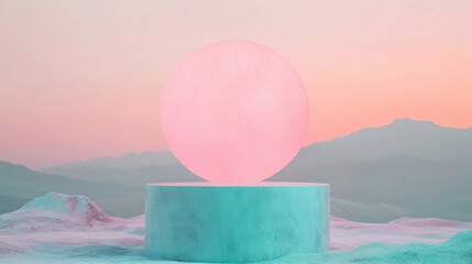 Poster - In a vivid surreal landscape, an abstract geometric podium showcases colorful patterns and shapes, creating an imaginative atmosphere