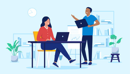 Wall Mural - Two people in office working and smiling - Man and woman talking and having fun at work using laptop computers with positive attitude. Flat design vector illustration