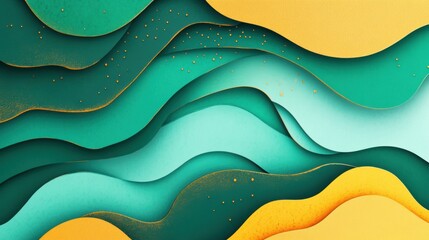 Poster - Waves of green and gold flow gracefully, creating an abstract pattern that suggests tranquility and dynamic movement within a serene atmosphere