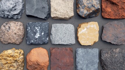 Poster - Various granite and stone textures arranged in bowls on a rustic wooden surface create an appealing aesthetic