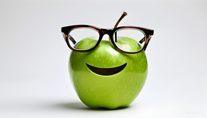 Cheerful Apple in Glasses Representing Wisdom and Wellness on a Clean White Background