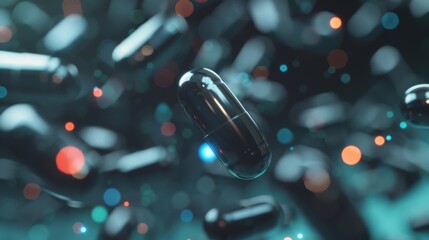 Poster - Capsules hover gracefully in a captivating arrangement, creating a striking visual against a colorful background