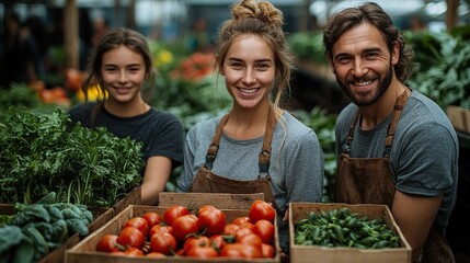 Sticker - farmer family with fresh harvest standing in greenhouse, holding vegetable in wooden boxes