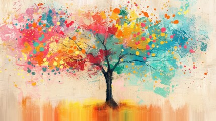 Poster - A vibrant abstract tree art piece features colorful lights, enhancing the urban environment with a modern artistic touch