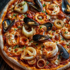 Wall Mural - Seafood Pizza, Pizza Ai Frutti Di Mare with Squid Rings, Mussels and Shrimps with Tomato Sauce