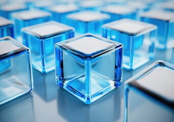 Poster - A collection of translucent blue glass blocks arranged in a geometric pattern creates a visually striking abstract design