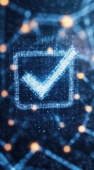Poster - The checkmark icon is prominently displayed, surrounded by a captivating geometric backdrop that shimmers with blue and gold accents