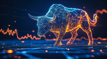 An angry bull is depicted engaging in trading activities with a computer. The concept revolves around the bull market in both traditional stock markets and the cryptocurrency. Generative AI.