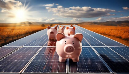 A whimsical scene of piggy banks walking on solar panels under a bright sky, symbolizing finance and renewable energy.